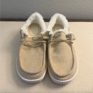Hey Dude Tan Canvas Slip-On Shoes with White Faux Fur